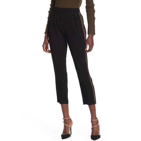 RAMY BROOK Black Green Carey Side Striped Tuxedo Crepe Silk Blend Pants SIZE 12 - Picture 1 of 15